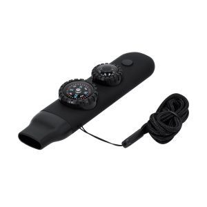 6-in-1 safety whistle with compass, thermometer, and flashlight – Emergency whistle for survival kit – Black