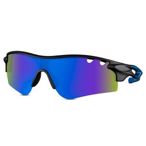Lunettes de soleil sport noir mat avec monture semi-sans bord et branches bleues – Verre bleu