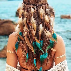 Stirnband Federn Blau/Beige