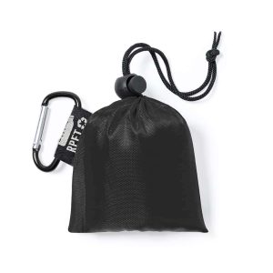 Disposable rain poncho with RPET storage bag and carabiner black