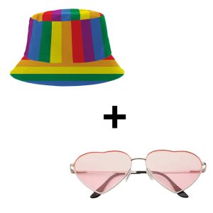 Anglerhut Pride Regenbogen + Herz-Sonnenbrille Rosa