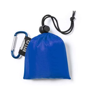 Disposable rain poncho with RPET storage pouch and carabiner blue