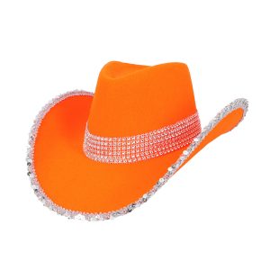 Cowboyhoed met pailletten en steentjes – Festival hoed 58 cm – Oranje